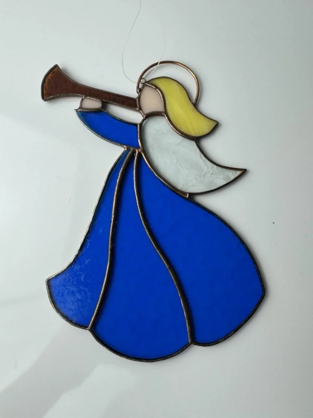 VTG Stained Glass Sun Catcher Angel w/Horn Ornament Handcrafted Christmas 9.5”